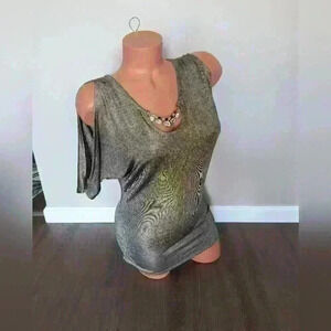Iz Byer Women's Cold Shoulder Shimmer Gold Jeweled Tunic Top Size Small